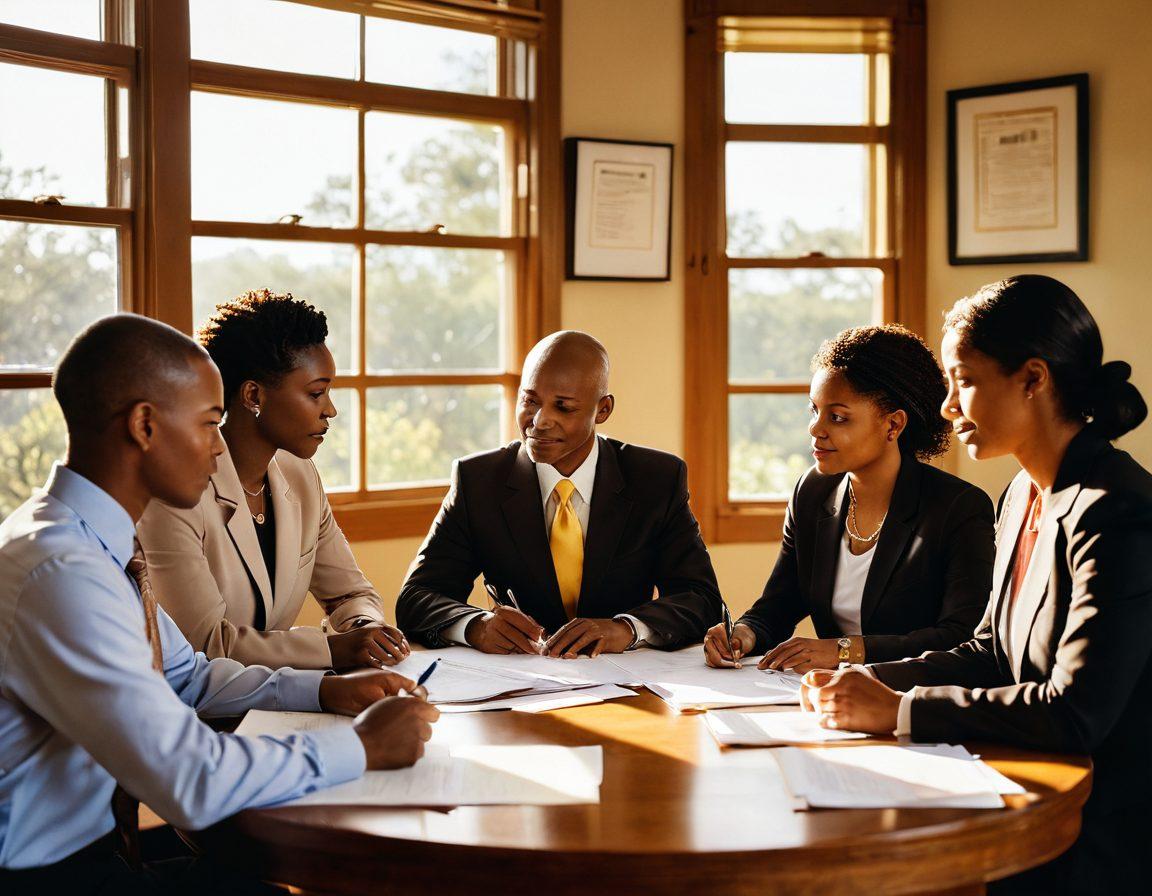A supportive scene depicting a diverse group of individuals, including a cancer survivor, an advocate, and a lawyer, gathered around a table with legal documents and resources related to cancer support in Texas. The Texas state outline is subtly integrated in the background, symbolizing local resources. Warm and inviting colors create a hopeful and empowering atmosphere, with the sun shining through a window lit with soft golden rays. super-realistic. vibrant colors.