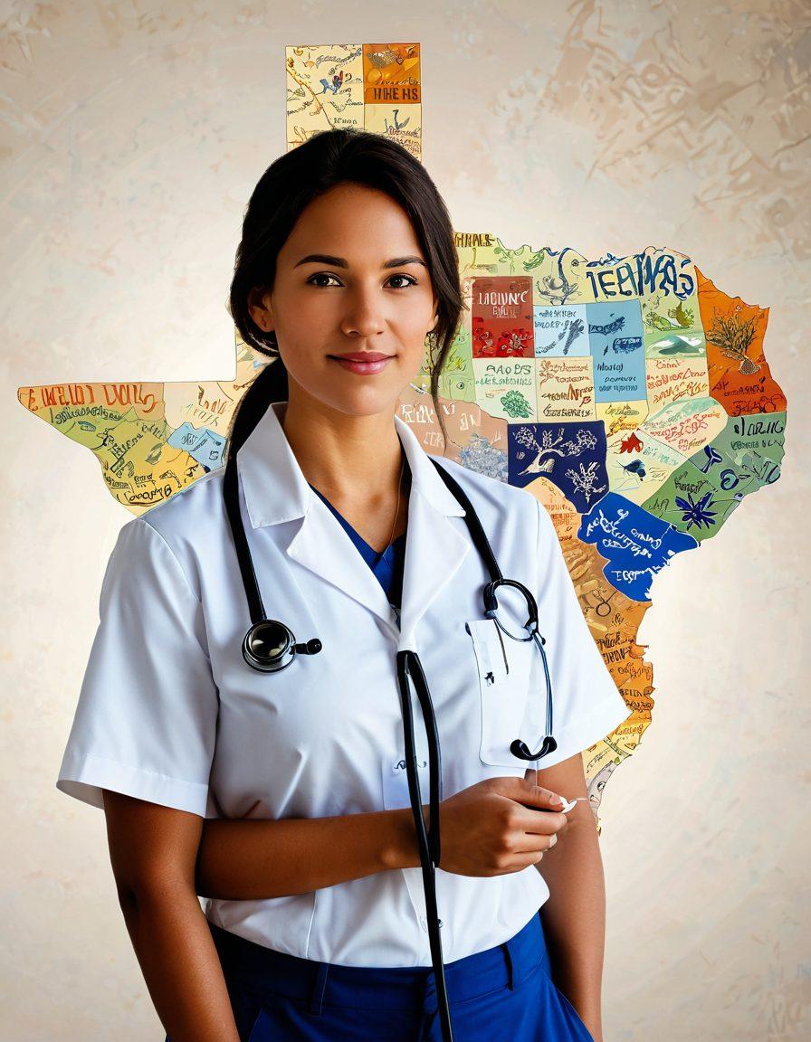 A confident individual standing in front of a Texas state map, having a thoughtful expression, with healthcare symbols like a stethoscope and medical documents floating around them. The background features iconic Texas scenery like bluebonnets and a distant cowboy silhouette. Warm, inviting colors to evoke trust and optimism. super-realistic. vibrant colors. white background.