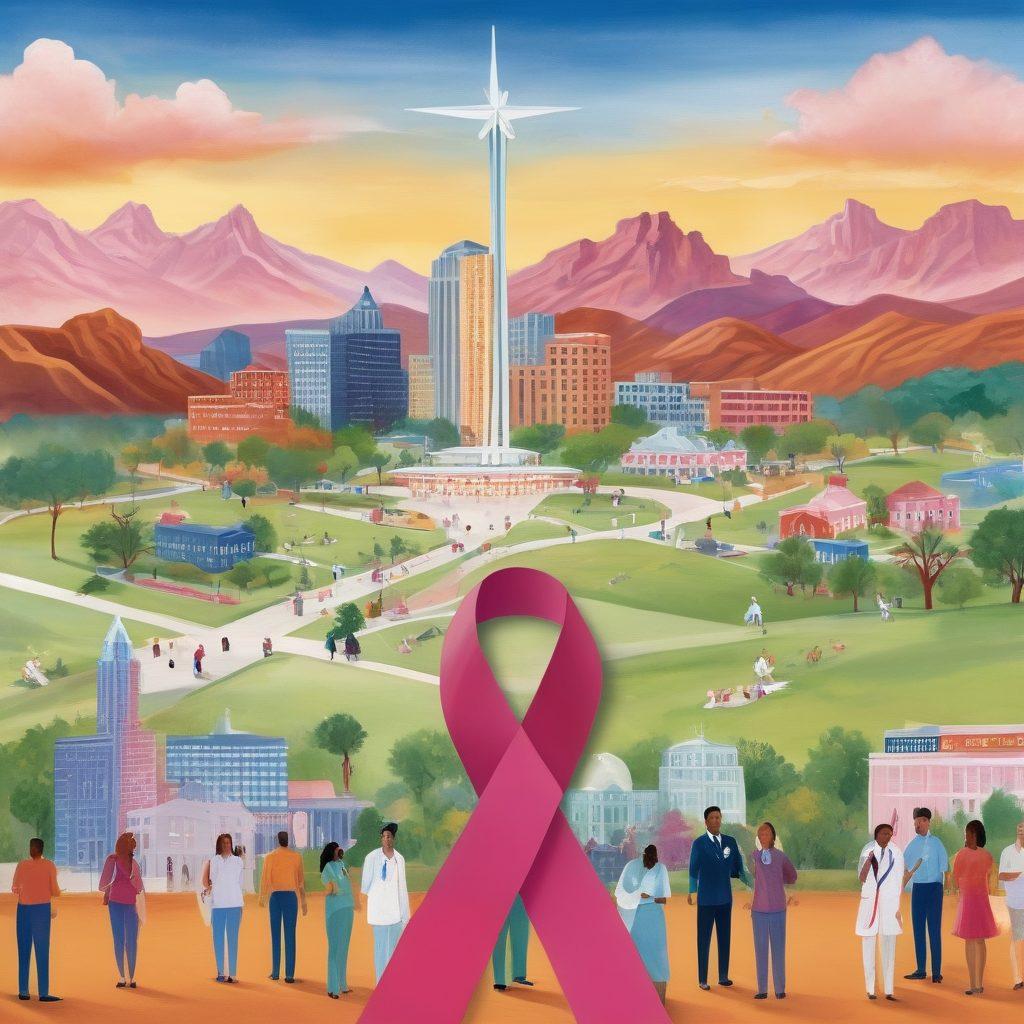 An illustration depicting a diverse group of people engaging with healthcare professionals in a supportive Texas setting. Include elements like Texas state landmarks in the background, and symbols of hope such as a ribbon for cancer awareness. Show informational resources like brochures and digital devices, emphasizing accessibility and empowerment. The mood should be hopeful and informative. vibrant colors. super-realistic.